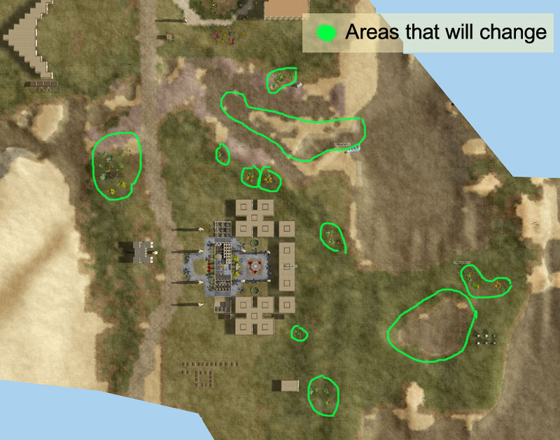 Area before any changes with areas circled in green